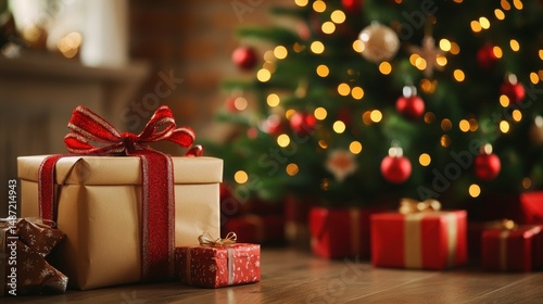a Christmas tree with gifts in the background, Chrismas tree background, Chrismas decoration, Chrismas background, Chrismas decoration