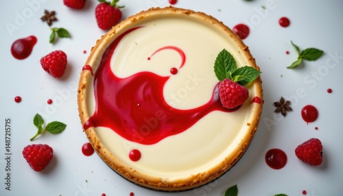 Delicious creamy cheesecake topped with raspberry sauce garnished with fresh raspberries mint leaves and surrounded by berries and spices on white background photo