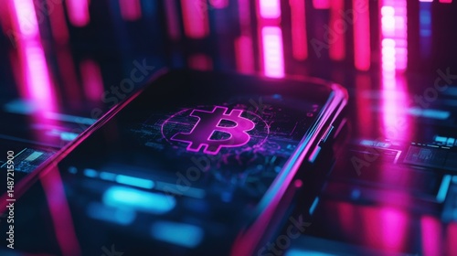 Crypto currency concept - crypto wallet on the phone screen, neon color