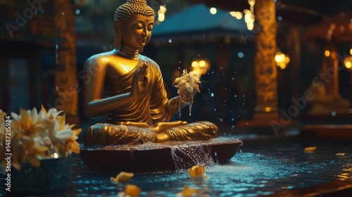 Vesak holiday concept - a ceremonial washing of a Buddha statue