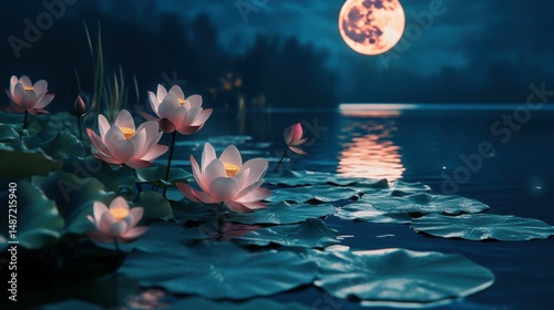 Buddha Purnima concept - lotus flowers blooming in a pond, with a full moon reflected in the water