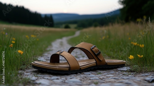 A pair of sandals next to a trail of flowers