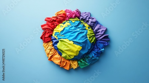 Overproduction concept - earth made of colorful t-shirts, solid color background