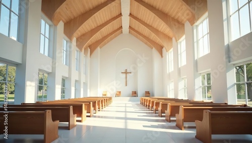 Modern church interior, simple lines, natural light , calm, space