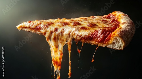 Flying slice of hot pizza with stretchy cheese