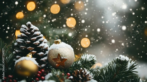 Christmas greeting card. Noel festive background. New year symbol. Christmas story theme. Festive background with copy space.