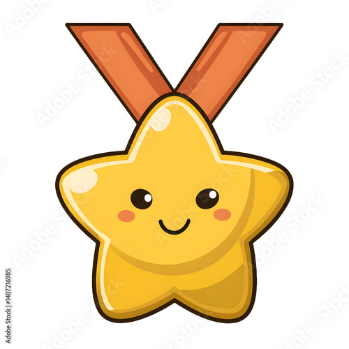 A cute, golden star-shaped medal with a smiling face, hanging from a bronze-colored ribbon around its neck.