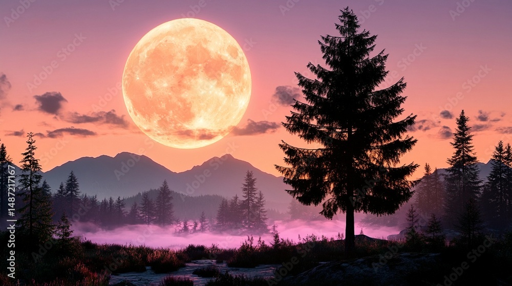 Fototapeta premium Giant Moon over Misty Mountains