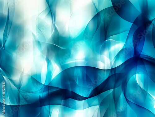 Abstract blue wave-like shapes flowing seamlessly in a soft, translucent pattern. The fluid design evokes a sense of motion, tranquility, and modern elegance, resembling water, glass.