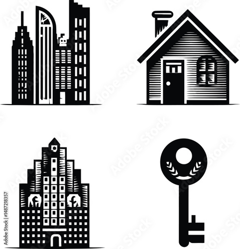 Real Estate & Architecture Symbol Set Featuring Four Iconic Elements: A Stylized City Skyline with Tall Buildings, A Simple Residential House with Windows and a Chimney, An Ornate Multi-Floor Building
