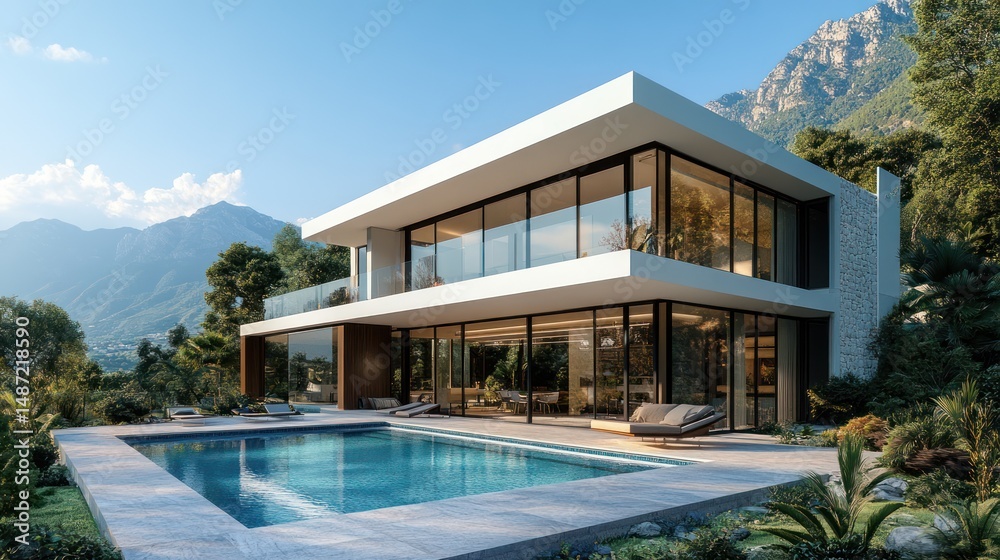 Fototapeta premium Modern Villa Architecture with Infinity Pool Overlooking Scenic Mountainscape