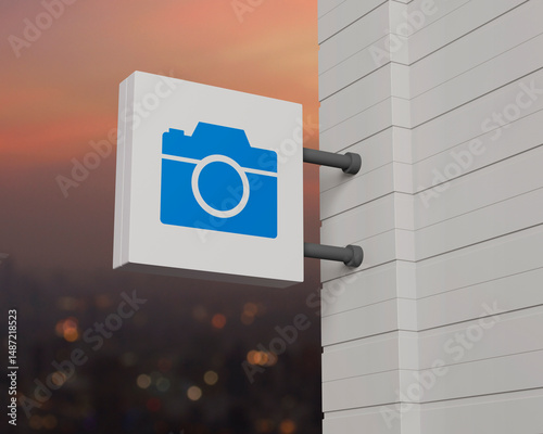 Camera icon on hanging white square signboard over blur of cityscape on warm light sundown, Business camera service concept, 3D rendering