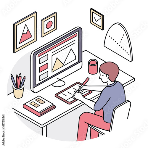 Creative Workspace: An illustration of a person immersed in creative work, sketching with a pen on a tablet while using a desktop computer, surrounded by design elements. 