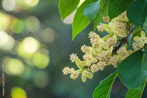 Karma or rounded lime fruits on a tree in a garden background with copy space, green banner for text, close-up. Tangible fruit of a curved lime plant on a nature background. Calamansi fruit on a branc