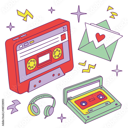 Retro cassette tapes and music accessories illustration