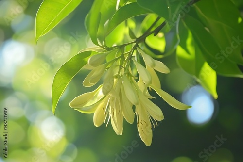 Karma or rounded lime fruits on a tree in a garden background with copy space, green banner for text, close-up. Tangible fruit of a curved lime plant on a nature background. Calamansi fruit on a branc