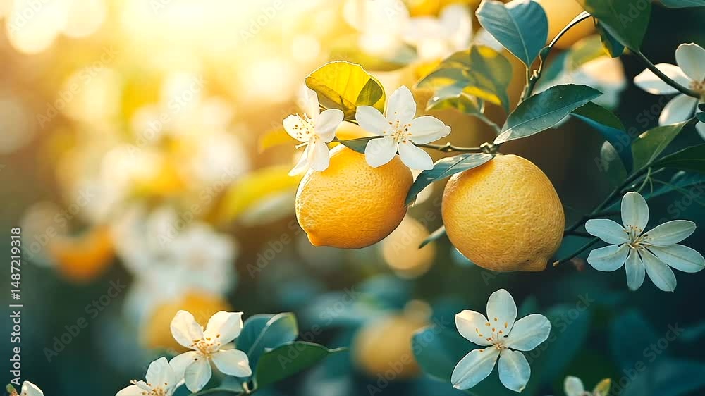 Fresh Lemons and Blossoms in Sunlit Garden Scene