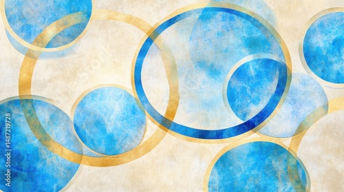 Abstract Watery Circles: This abstract composition of overlapping blue and gold circles evokes a sense of fluid movement, peace, and serenity, perfect for conveying themes of connection and harmony.