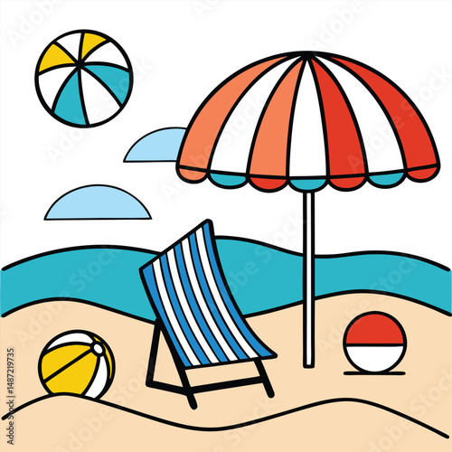 Colorful beach scene with umbrella beach chair and balls on a sandy shoreline illustration
