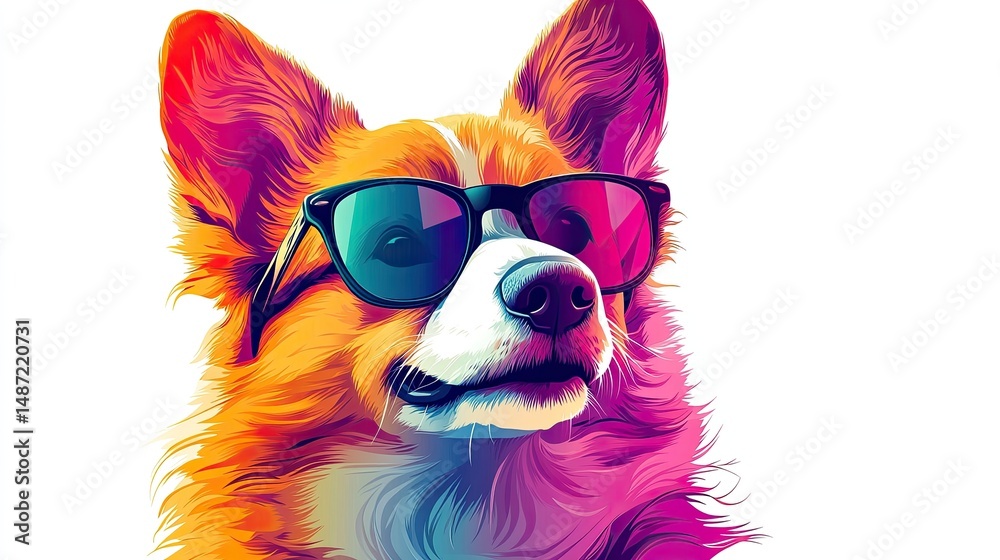 Cartoon Colorful Dog Wearing Sunglasses on White Background, Created with Generative AI Design Cartoon Colorful Dog Wearing Sunglasses on White Background, Created with Generative AI Design