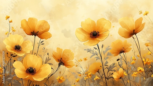 there is a painting of yellow flowers in a field of yellow flowers