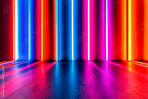 Futuristic neon-lit room with vibrant vertical light bars in blue, pink, orange, and red, casting colorful reflections on the floor.