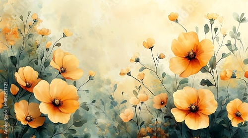 there is a painting of a bunch of orange flowers in a field