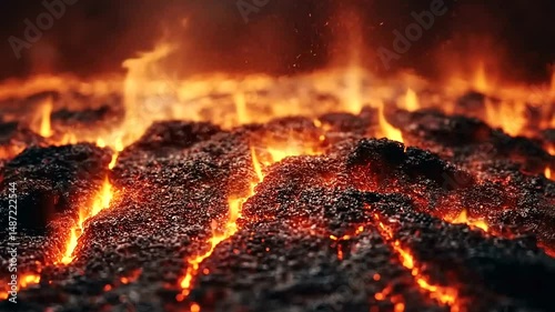 Fiery Lava Flow Glowing in Dark Volcanic Landscape
