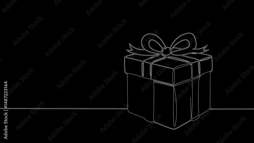 Simple line drawing of a gift box with ribbon on black background  