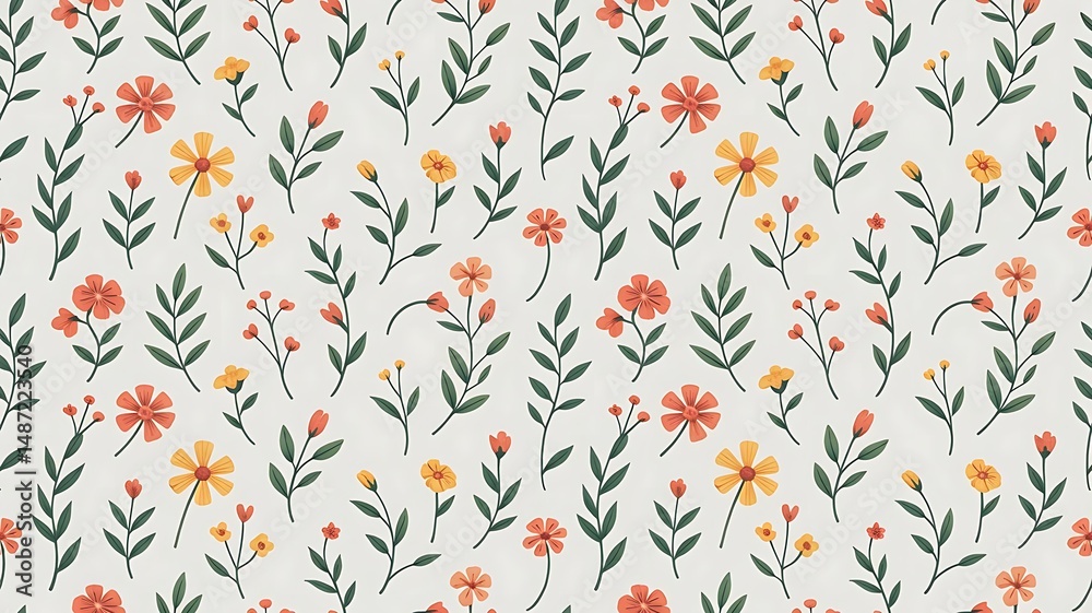 Seamless Floral Pattern with Watercolor Wildflowers and Green Leaves