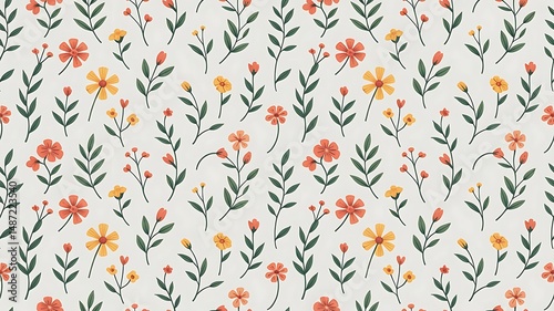 Obraz na płótnie Seamless Floral Pattern with Watercolor Wildflowers and Green Leaves w salonie