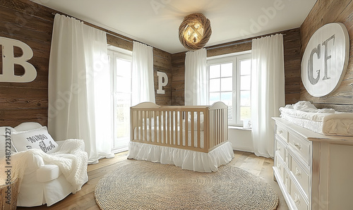 Cozy, bright nursery with rustic wood walls, a circular rug, and white furniture under a decorative light