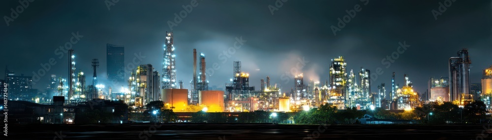 Fototapeta premium An industrial night view with factory lights illuminating the skyline