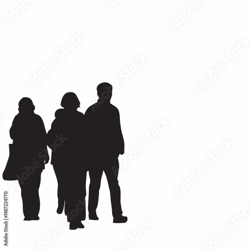Silhouettes of people vector illustration features a walking group of men, women, and children, including family and business figures