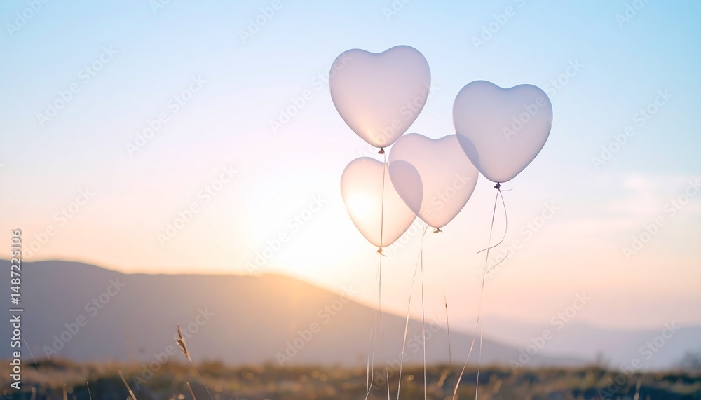 Fototapeta premium A warm atmosphere with translucent heart-shaped balloons floating in the sky