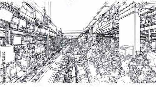 Warehouse interior, sketch style, cluttered, technology.  Use stock photo photo