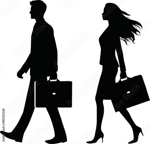 Businessman  and businesswoman walking with a small bag silhouette, silhouette of worker or businessman in suit walking with a small bag