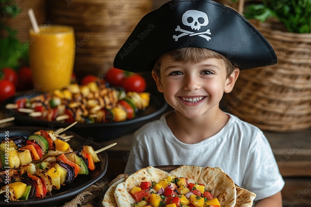 Naklejka premium Smiling pirate boy enjoys grilled veggie skewers