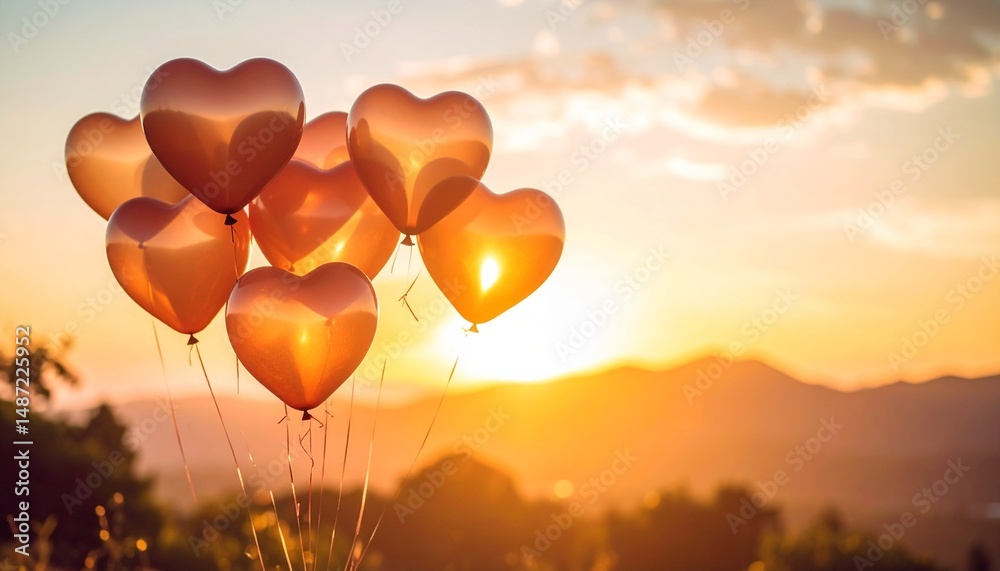 Fototapeta premium A warm atmosphere with translucent heart-shaped balloons floating in the sky