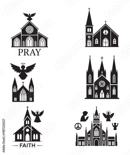 Church Icons with Angels and Faith Black Silhouette Symbols.

