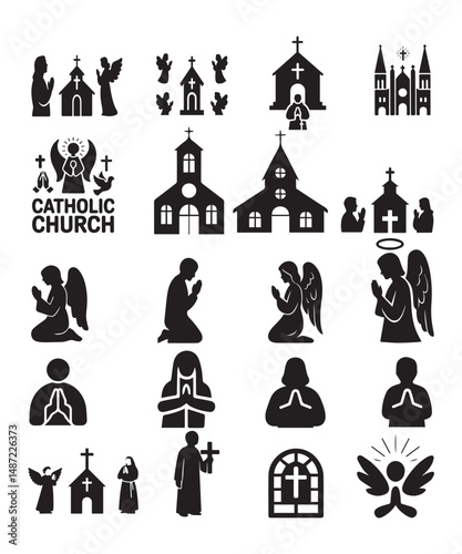 Catholic Church Icons – Prayer, Angel, Worship, Religious Silhouettes.