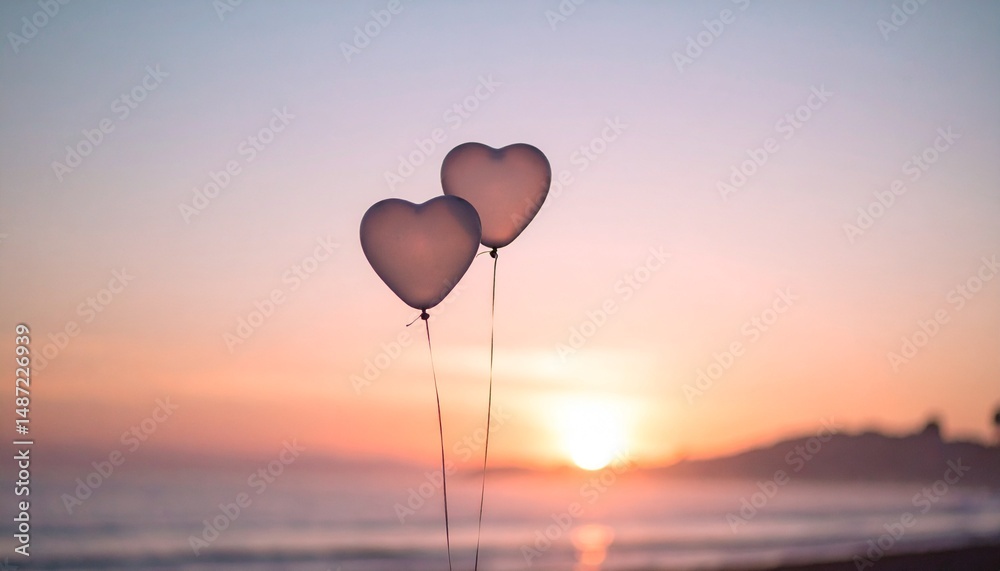 Fototapeta premium A warm atmosphere with translucent heart-shaped balloons floating in the sky