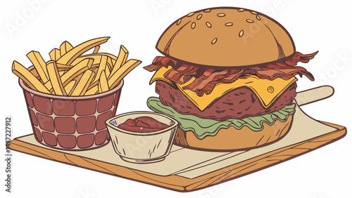 Stacked Satisfaction – Illustrated Burgers & Crispy Fries in Hand-Drawn Style