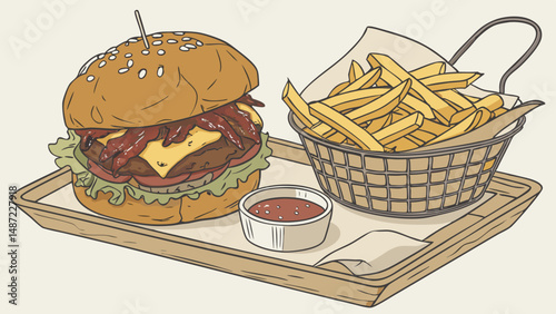 Stacked Satisfaction – Illustrated Burgers & Crispy Fries in Hand-Drawn Style