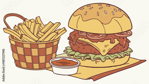 Stacked Satisfaction – Illustrated Burgers & Crispy Fries in Hand-Drawn Style