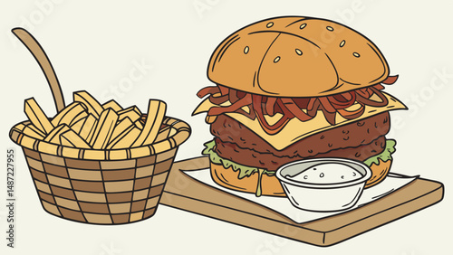 Stacked Satisfaction – Illustrated Burgers & Crispy Fries in Hand-Drawn Style