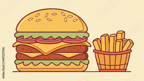 Stacked Satisfaction – Illustrated Burgers & Crispy Fries in Hand-Drawn Style