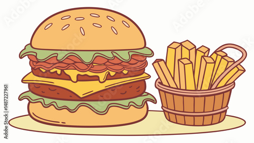 Stacked Satisfaction – Illustrated Burgers & Crispy Fries in Hand-Drawn Style