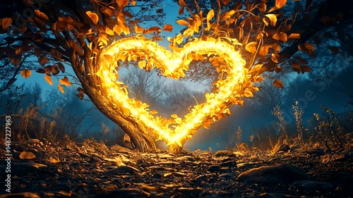 Illuminated Heart Shape in Autumn Forest Night Scene