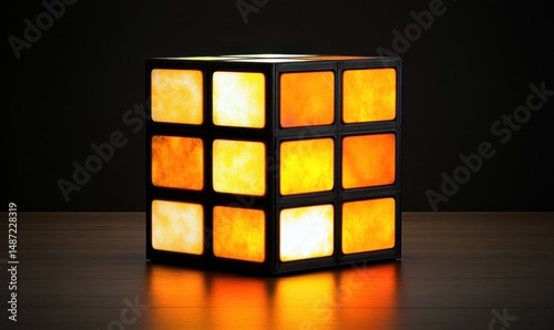 Illuminated cube lamp on wooden surface, dark background, ambient lighting, home decor